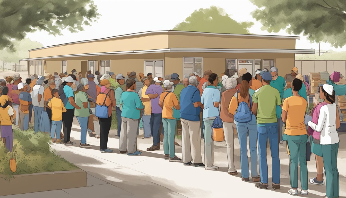 A line of people waiting outside a food pantry in Goliad County, Texas, with volunteers handing out free groceries and supplies