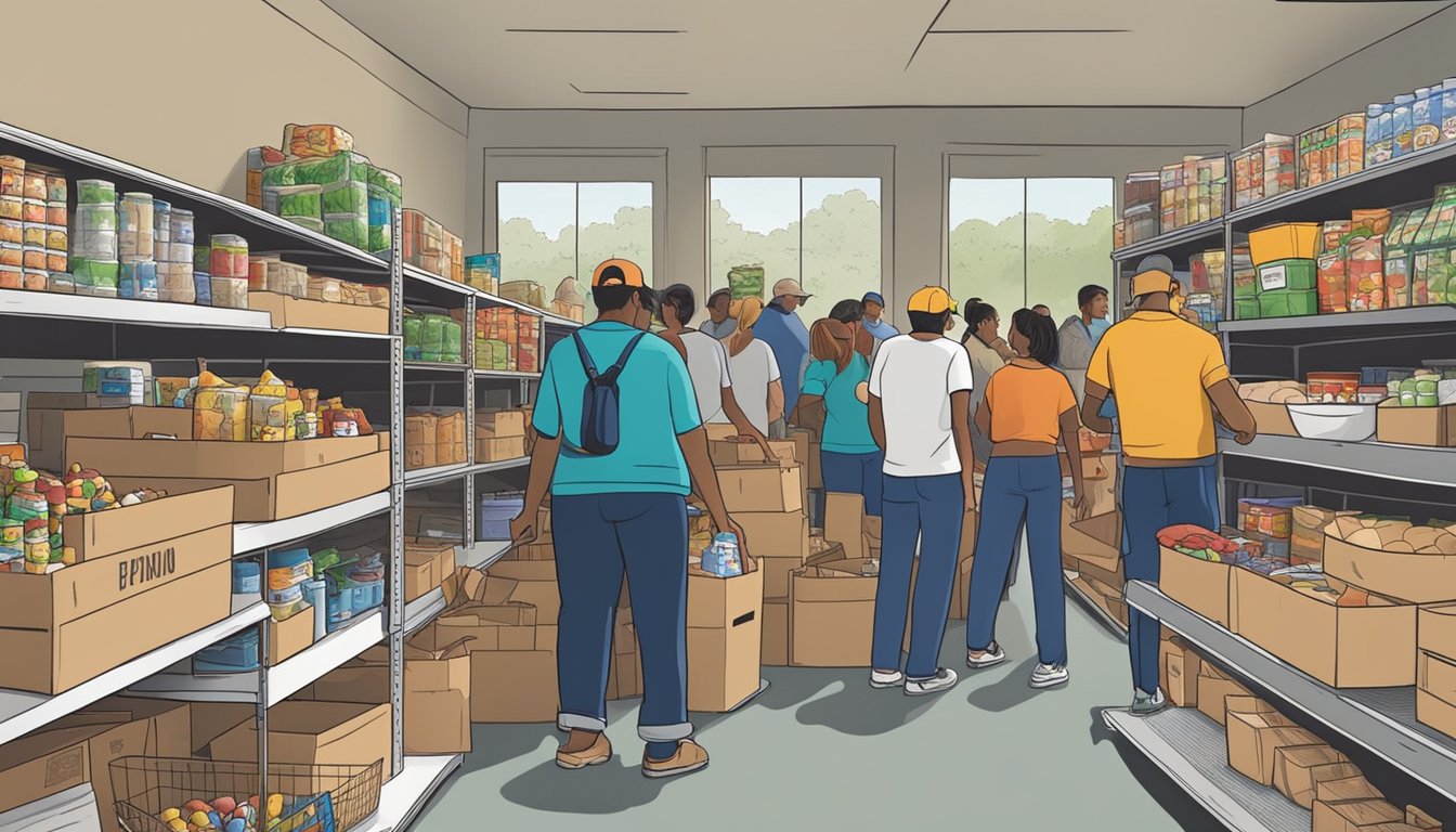 A bustling food pantry in Goliad County, Texas, with volunteers distributing free groceries to those in need