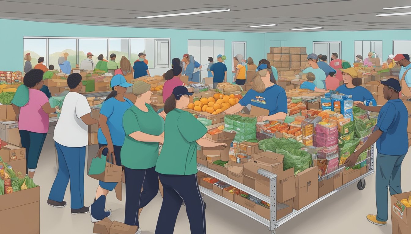 A bustling food pantry in Goliad County, Texas, with volunteers distributing free groceries to those in need