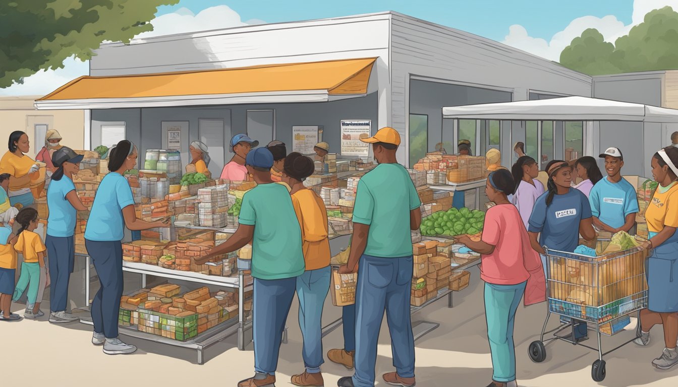 A bustling food pantry in Grimes County, Texas, with volunteers distributing free groceries to those in need