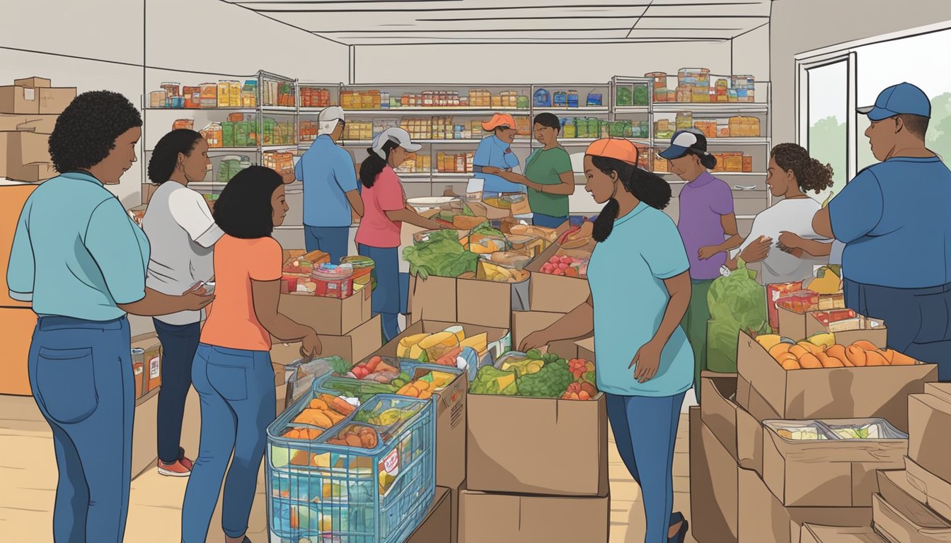 A bustling food pantry in Goliad County, Texas, with volunteers distributing free groceries to those in need