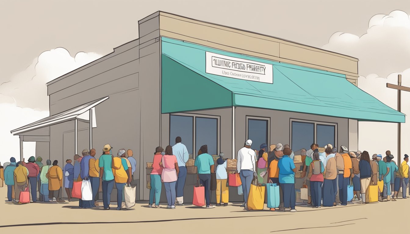 A line of people waiting outside a food pantry in Ector County, Texas, with volunteers handing out groceries