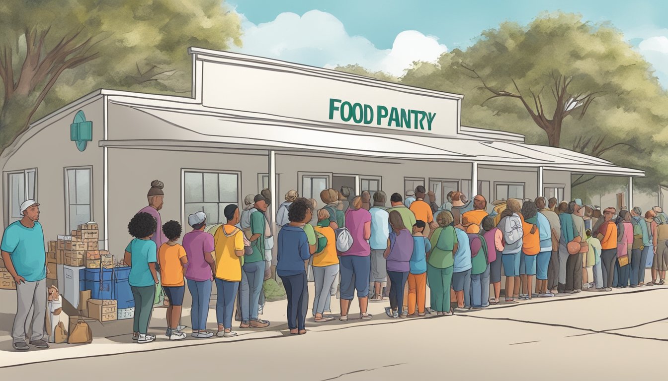 A line of people waiting outside a food pantry in Goliad County, Texas. Volunteers handing out free groceries to those in need