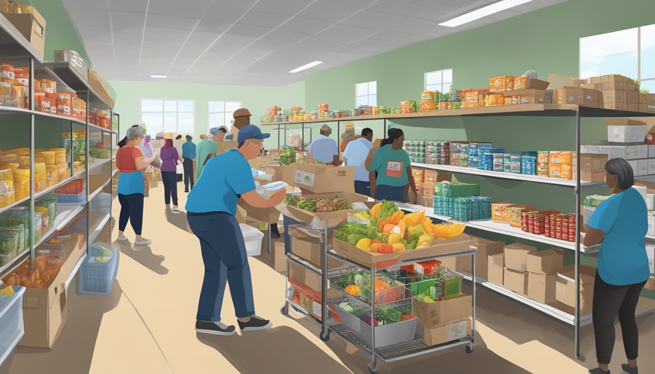 A bustling food pantry in Grimes County, Texas, where volunteers distribute free groceries to residents in need