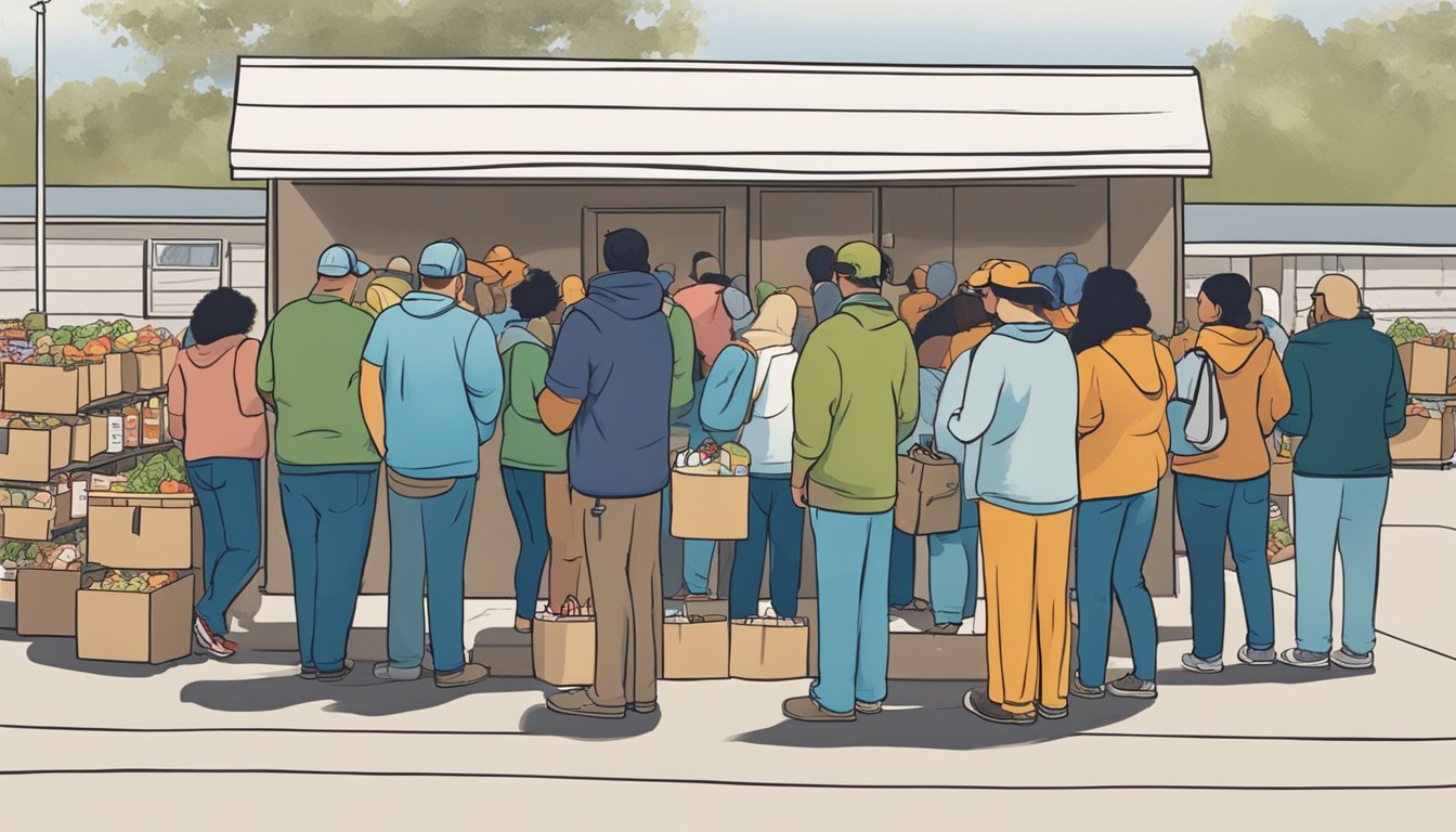 A line of people wait outside a food pantry in Ector County, Texas. Volunteers distribute free groceries to those in need