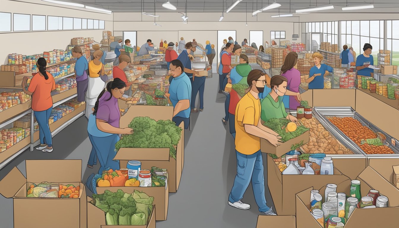 A bustling food pantry in Goliad County, Texas, where volunteers distribute free groceries to those in need