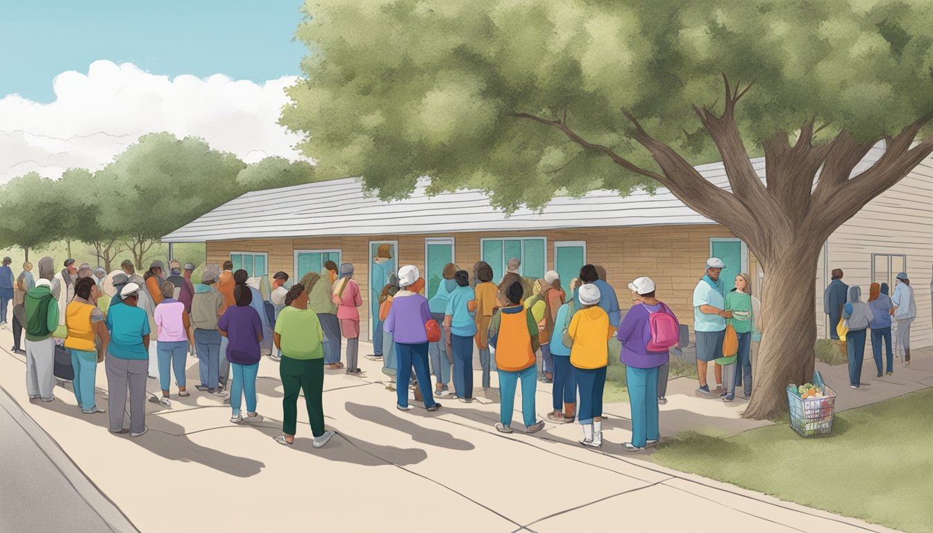 A line of people wait outside a food pantry in Ector County, Texas, with volunteers distributing free groceries