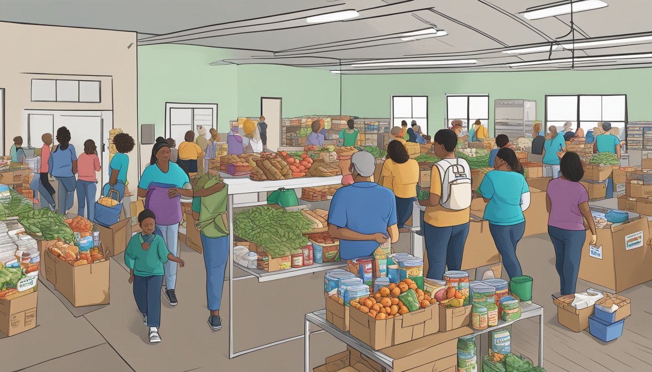 A bustling food pantry in Grimes County, Texas, with volunteers distributing free groceries to those in need