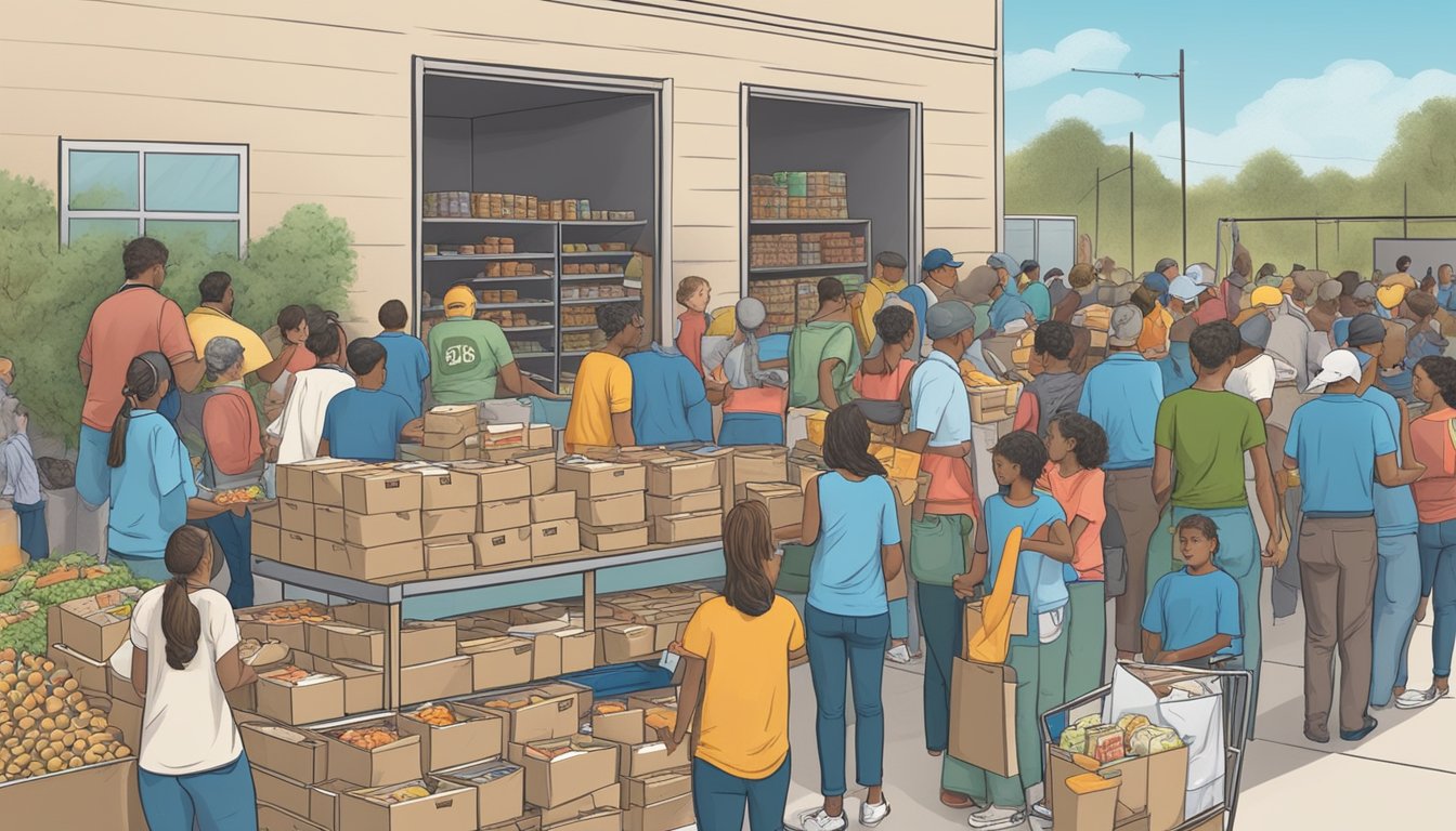 A bustling food pantry in Ector County, Texas, with volunteers distributing free groceries to those in need