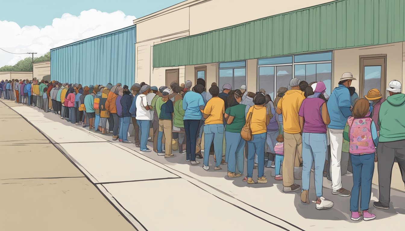 A line of people wait outside a food pantry in Ector County, Texas, as volunteers distribute free groceries to those in need