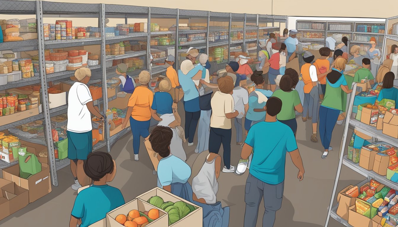 A bustling food pantry in Grimes County, Texas, with volunteers distributing free groceries to those in need