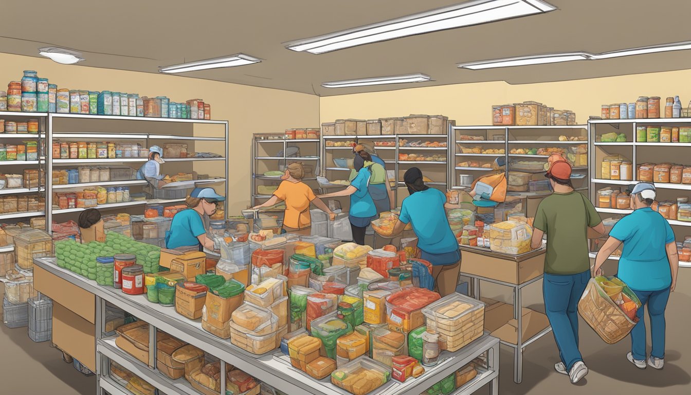 A bustling food pantry in Grimes County, Texas, with volunteers distributing free groceries to those in need