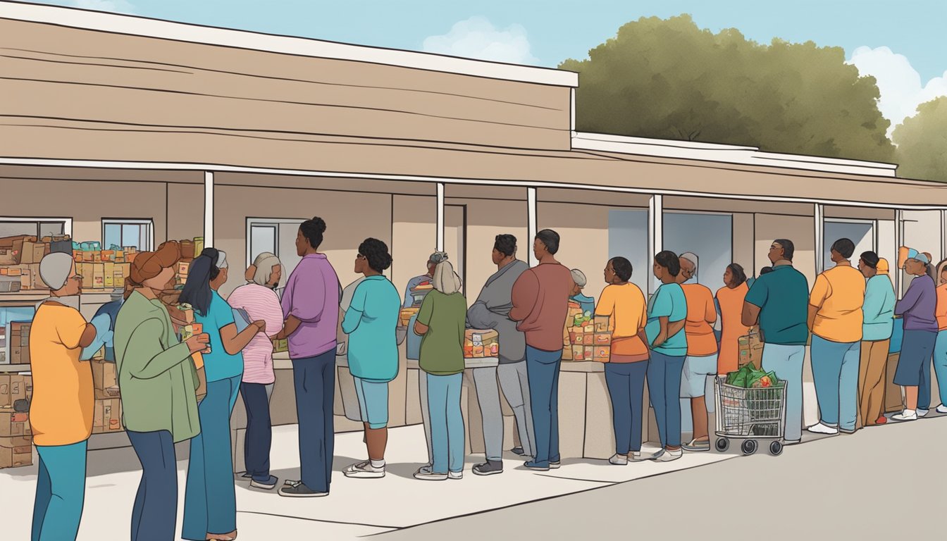 A line of people waiting outside a food pantry, with volunteers handing out free groceries in Grayson County, Texas