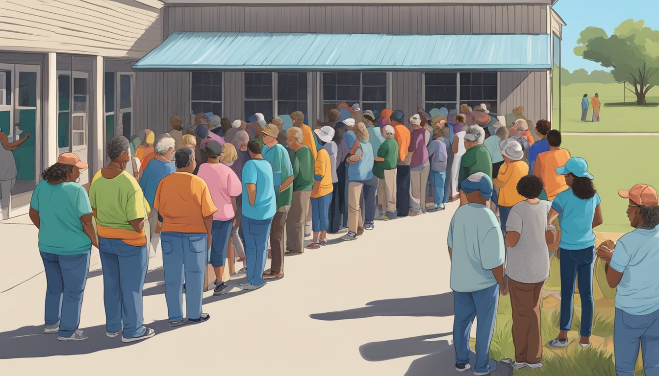 A line of people wait outside a food pantry in Grimes County, Texas, as volunteers distribute free groceries and supplies