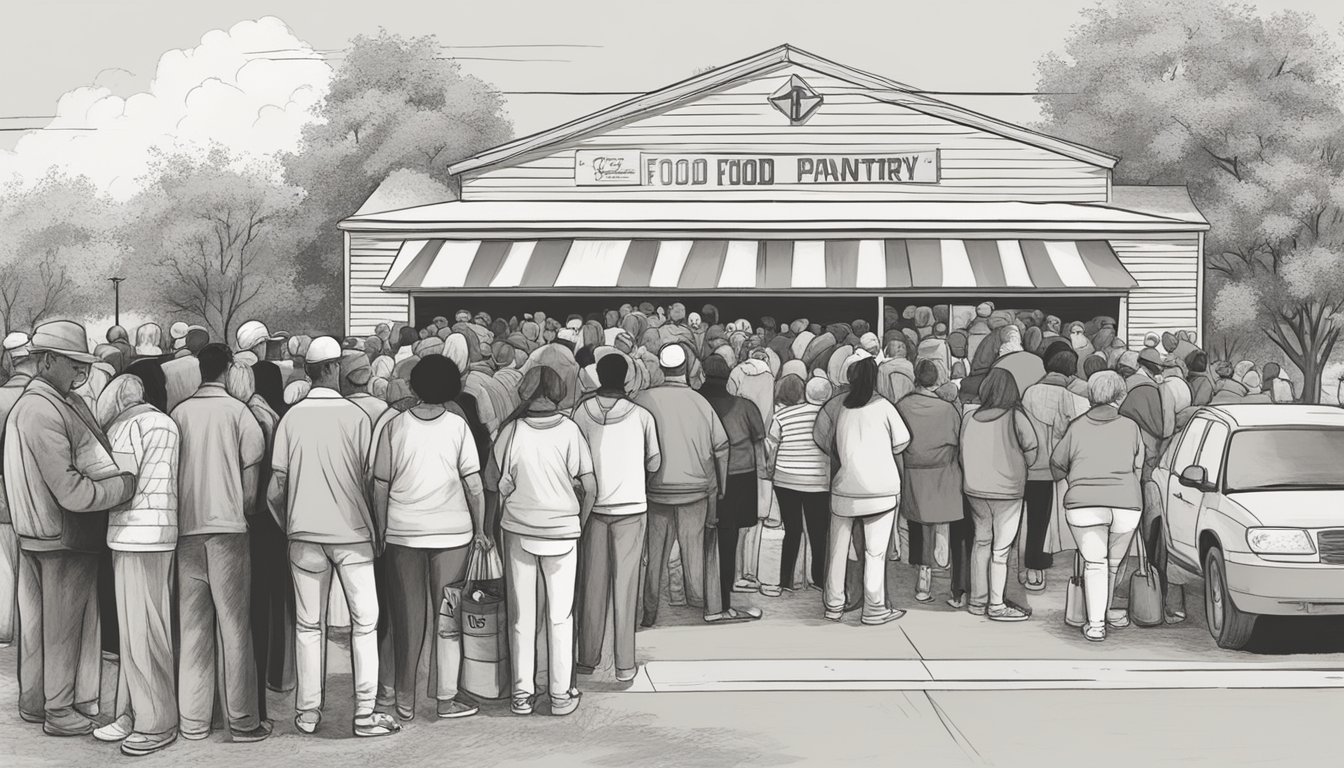 A line of people waits outside a food pantry in Ellis County, Texas. Volunteers hand out bags of groceries to those in need