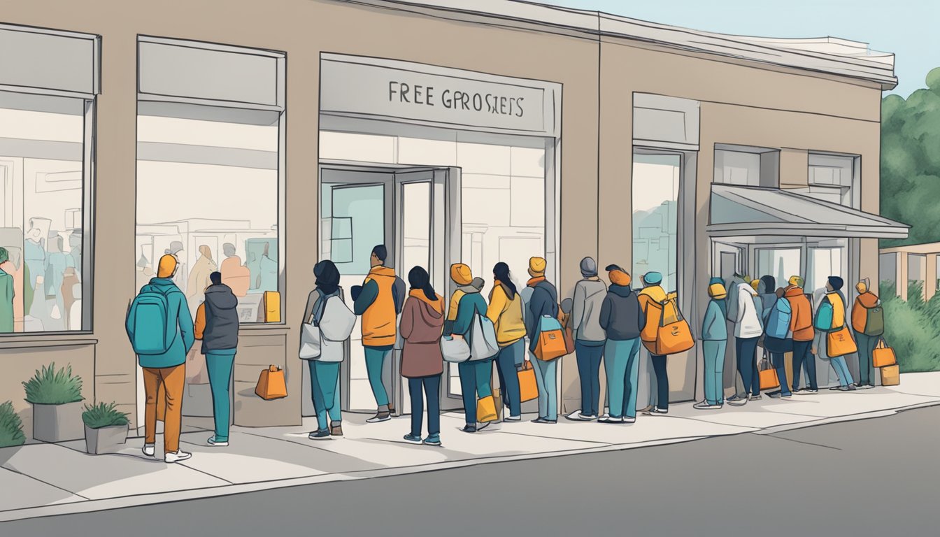 A line of people wait outside a gray building with a sign reading "Free Groceries and Food Pantries." Volunteers hand out bags of groceries