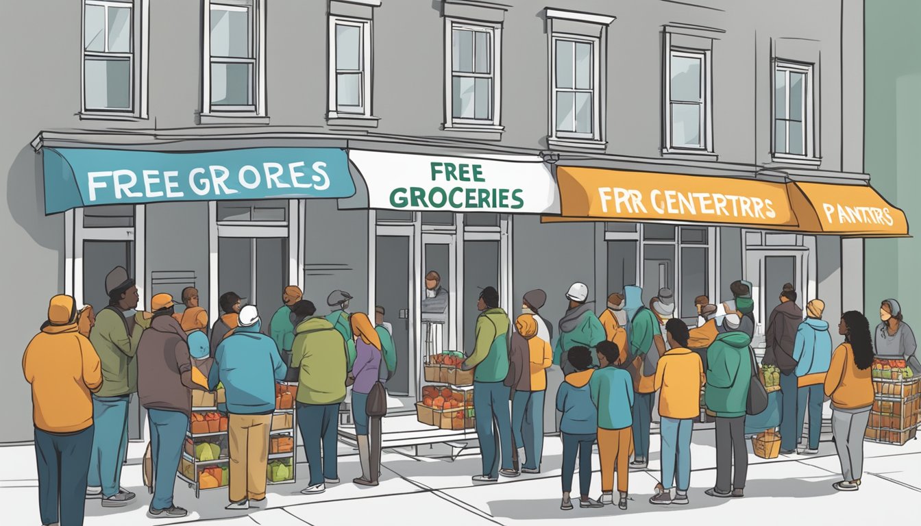 A line of people wait outside a gray building with a sign reading "Free Groceries and Food Pantries." Volunteers distribute food items to those in need