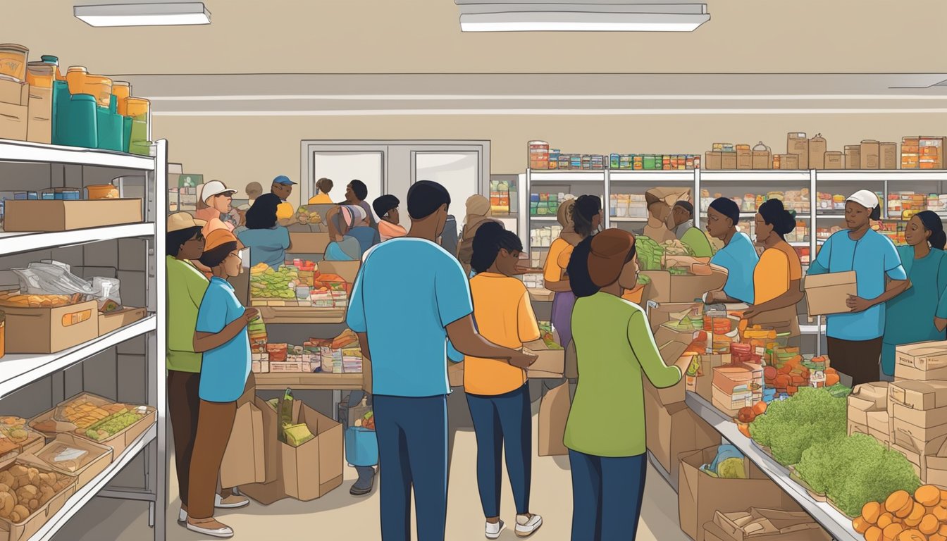 A bustling food pantry in Grayson County, Texas, with volunteers distributing free groceries to diverse individuals in need