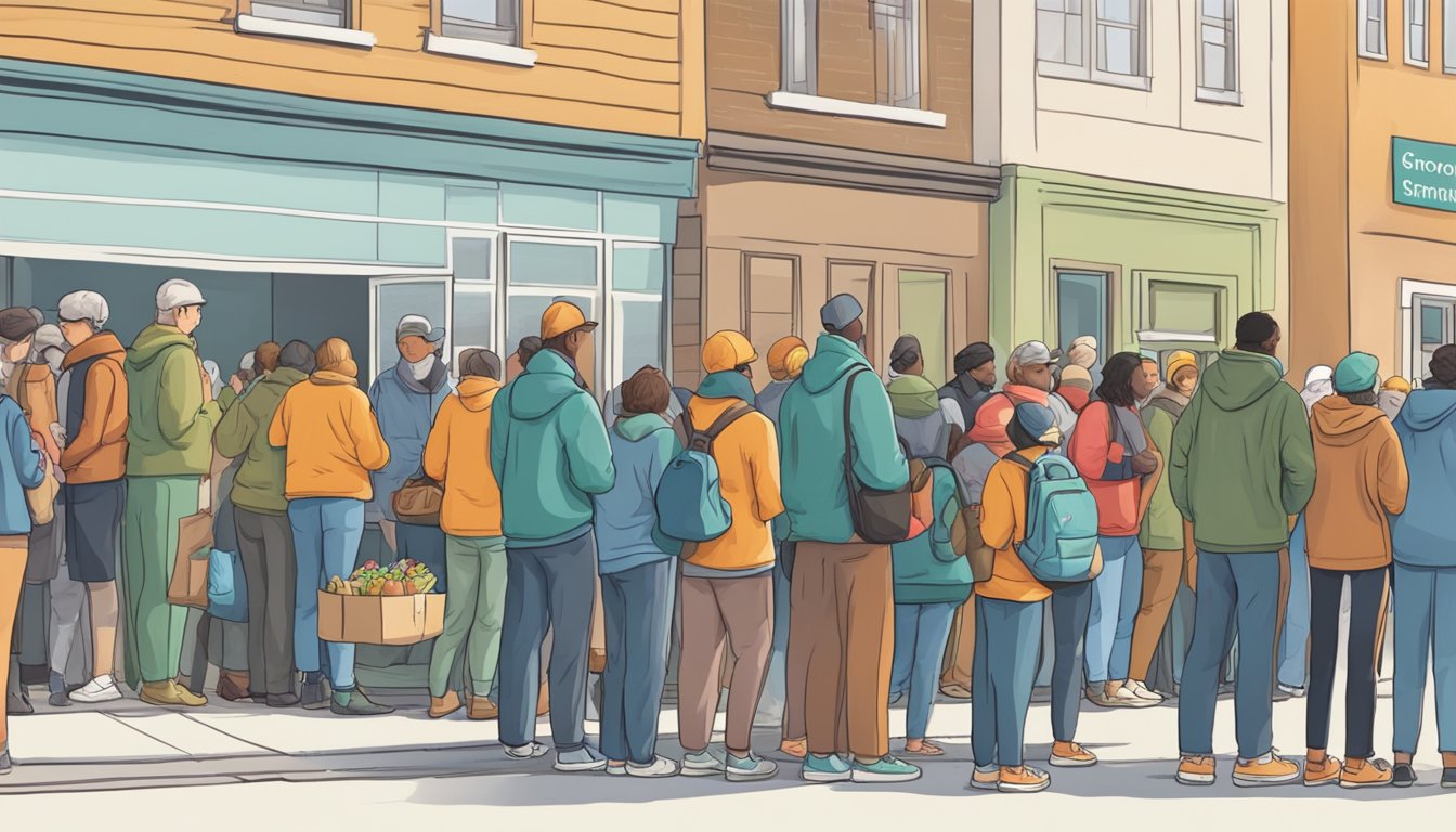 A line of people waiting outside a food pantry, with volunteers distributing free groceries to those in need