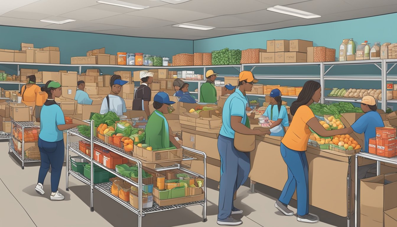 A bustling food pantry in Grayson County, Texas, with volunteers distributing free groceries to those in need