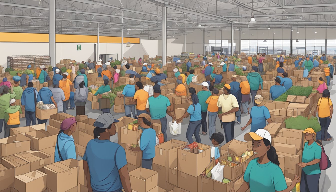 A bustling food distribution center in Hall County, Texas, with volunteers handing out free groceries to those in need