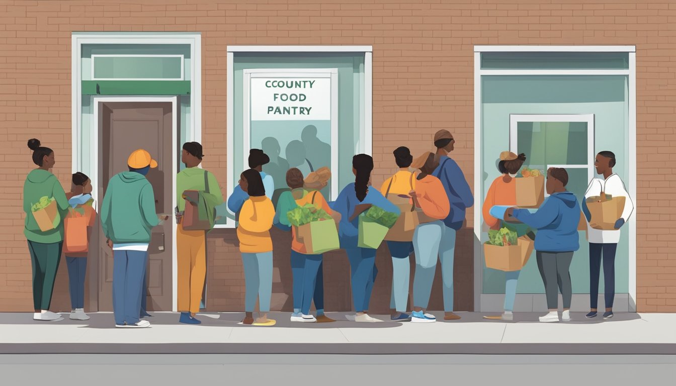 A line of people wait outside a small building with a sign reading "Ellis County Food Pantry." Volunteers hand out bags of groceries to those in need