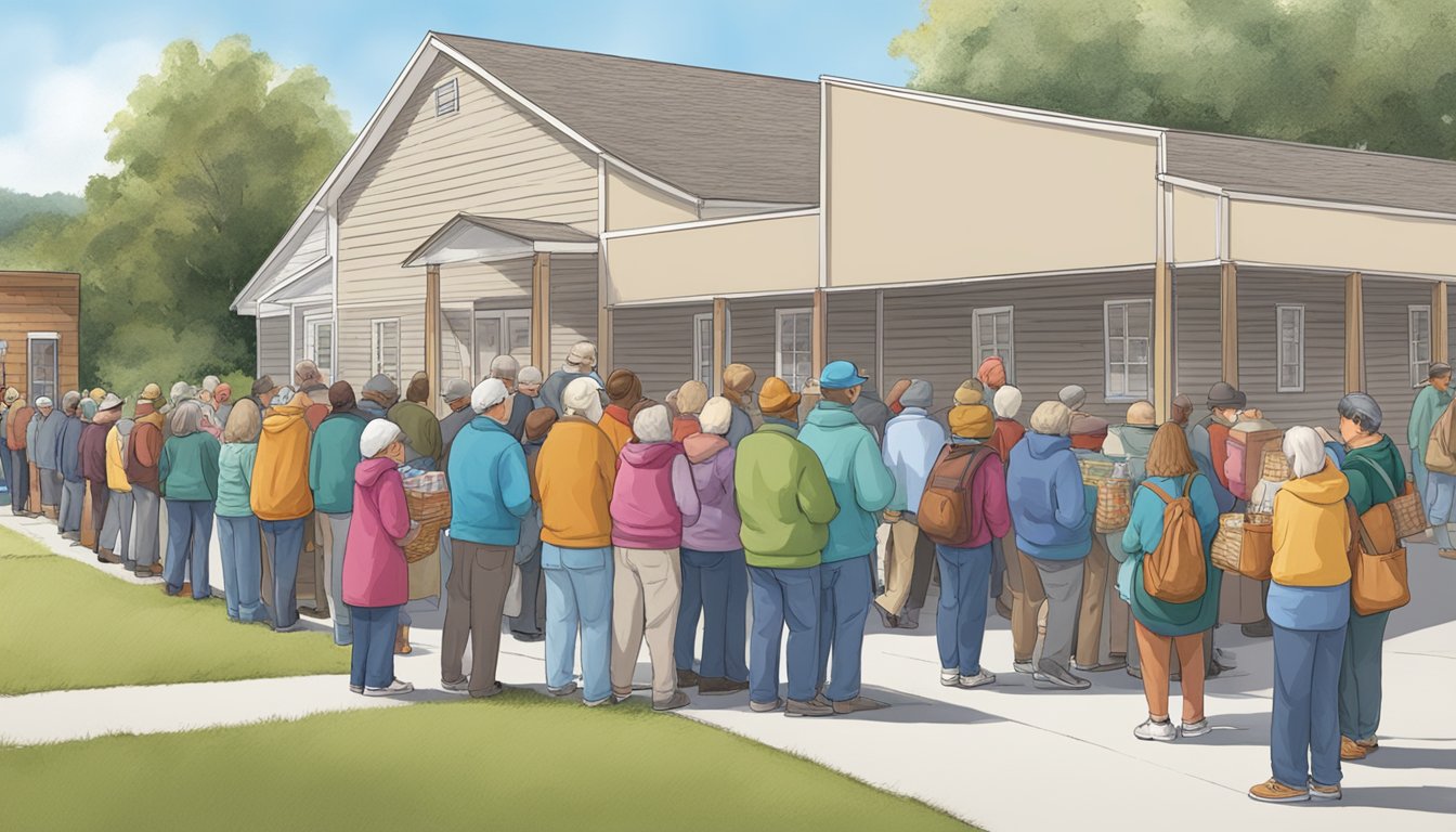 A line of people waiting outside a grayson county food pantry, with volunteers handing out free groceries and assistance information