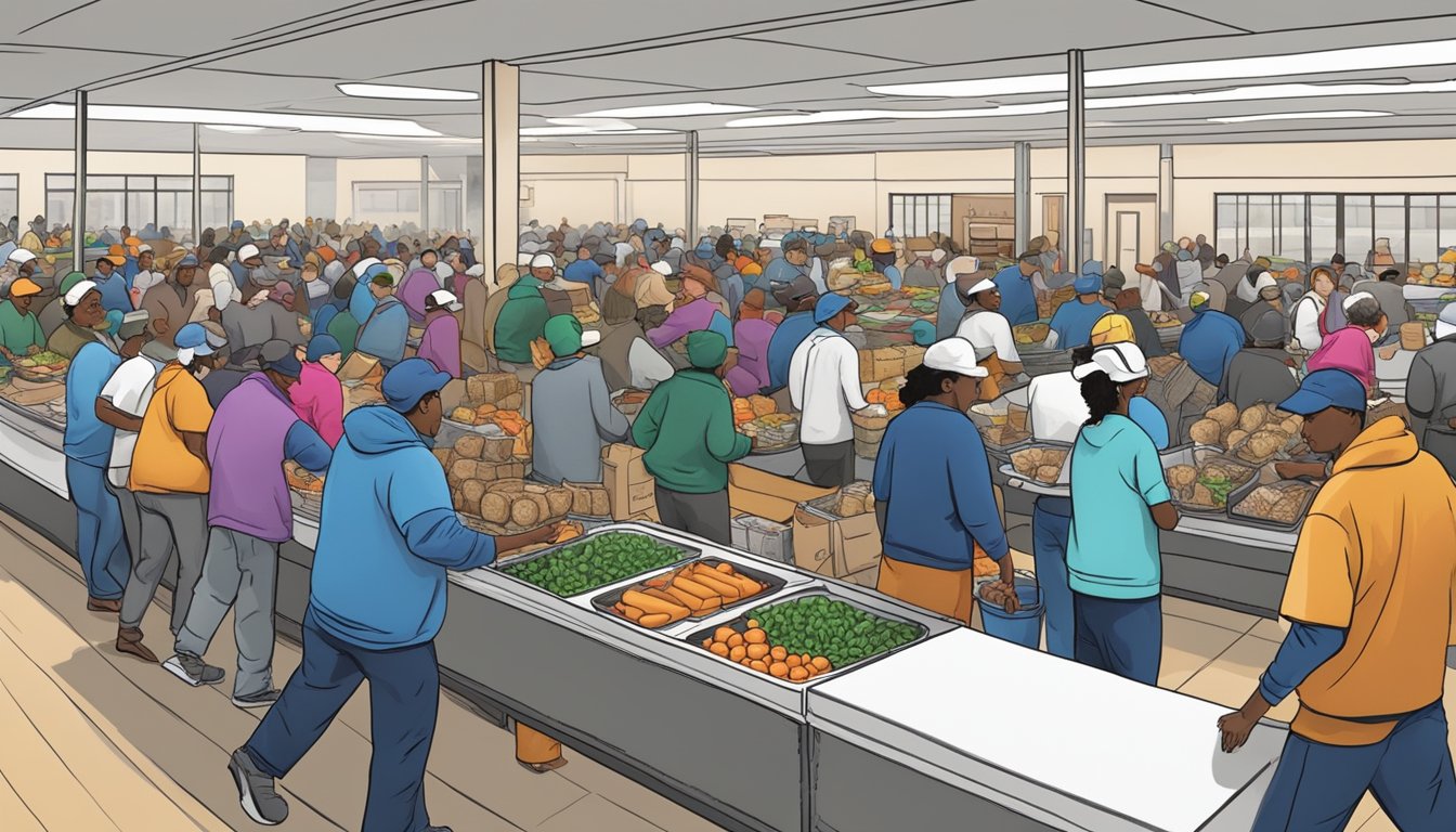 A bustling soup kitchen in Hall County, Texas, with volunteers distributing free groceries and meals to those in need