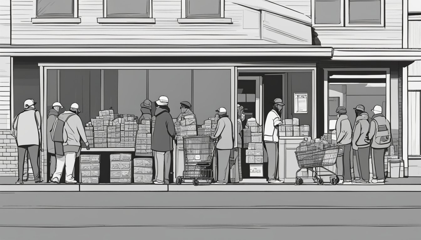 A line of people waits outside a food pantry in Ellis County, Texas. Volunteers distribute groceries to those in need