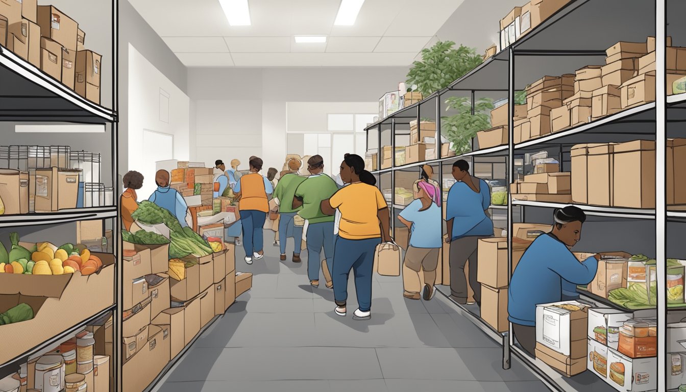 A bustling food pantry in Ellis County, Texas, with volunteers distributing free groceries to those in need