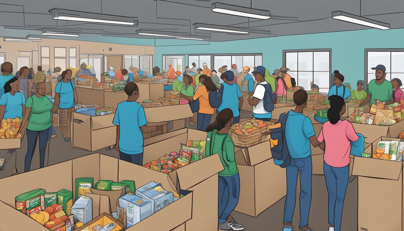 A bustling food pantry in Hall County, Texas, with volunteers distributing free groceries to specific groups in need