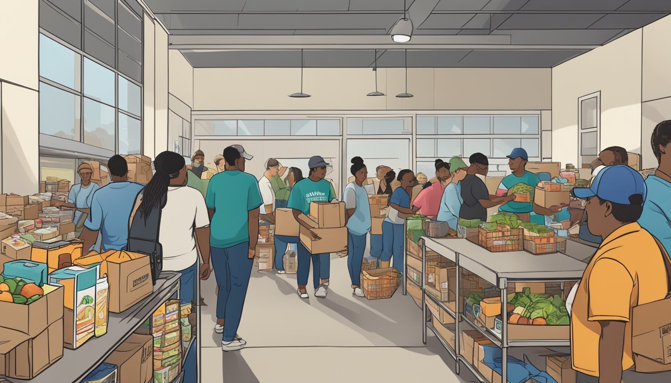 A bustling food pantry in Ellis County, Texas, with volunteers distributing free groceries to those in need