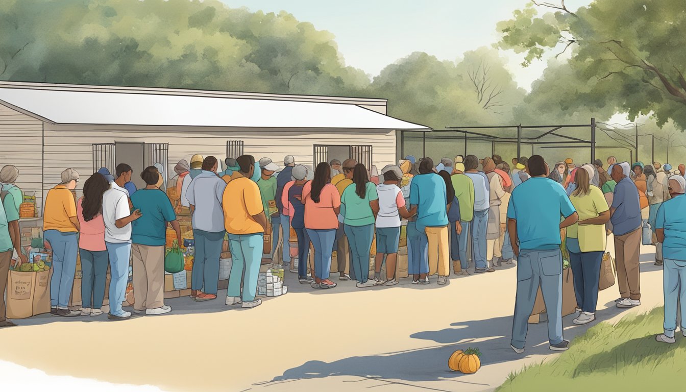 A line of people wait outside a food pantry, with volunteers distributing free groceries in Guadalupe County, Texas