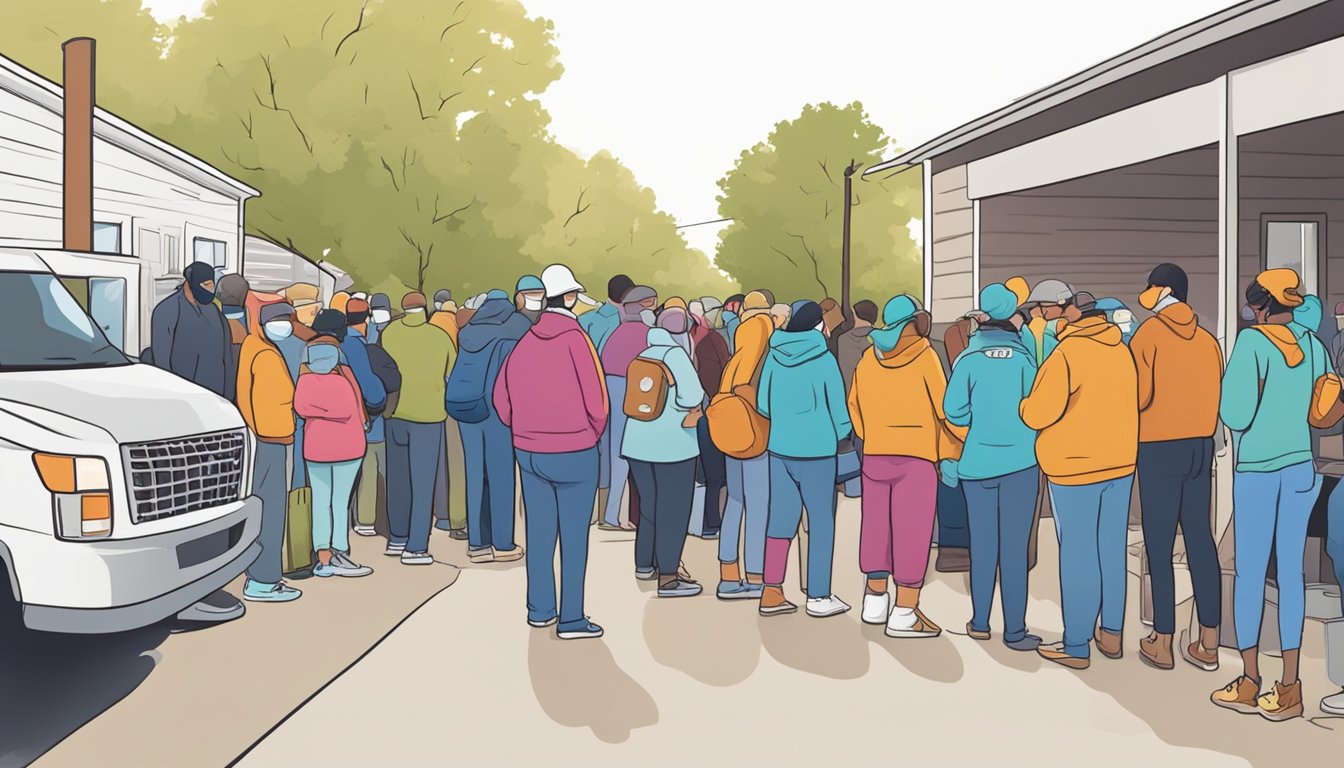 A long line of people waits outside a food pantry in Hall County, Texas. Volunteers distribute free groceries to those impacted by the Covid-19 pandemic