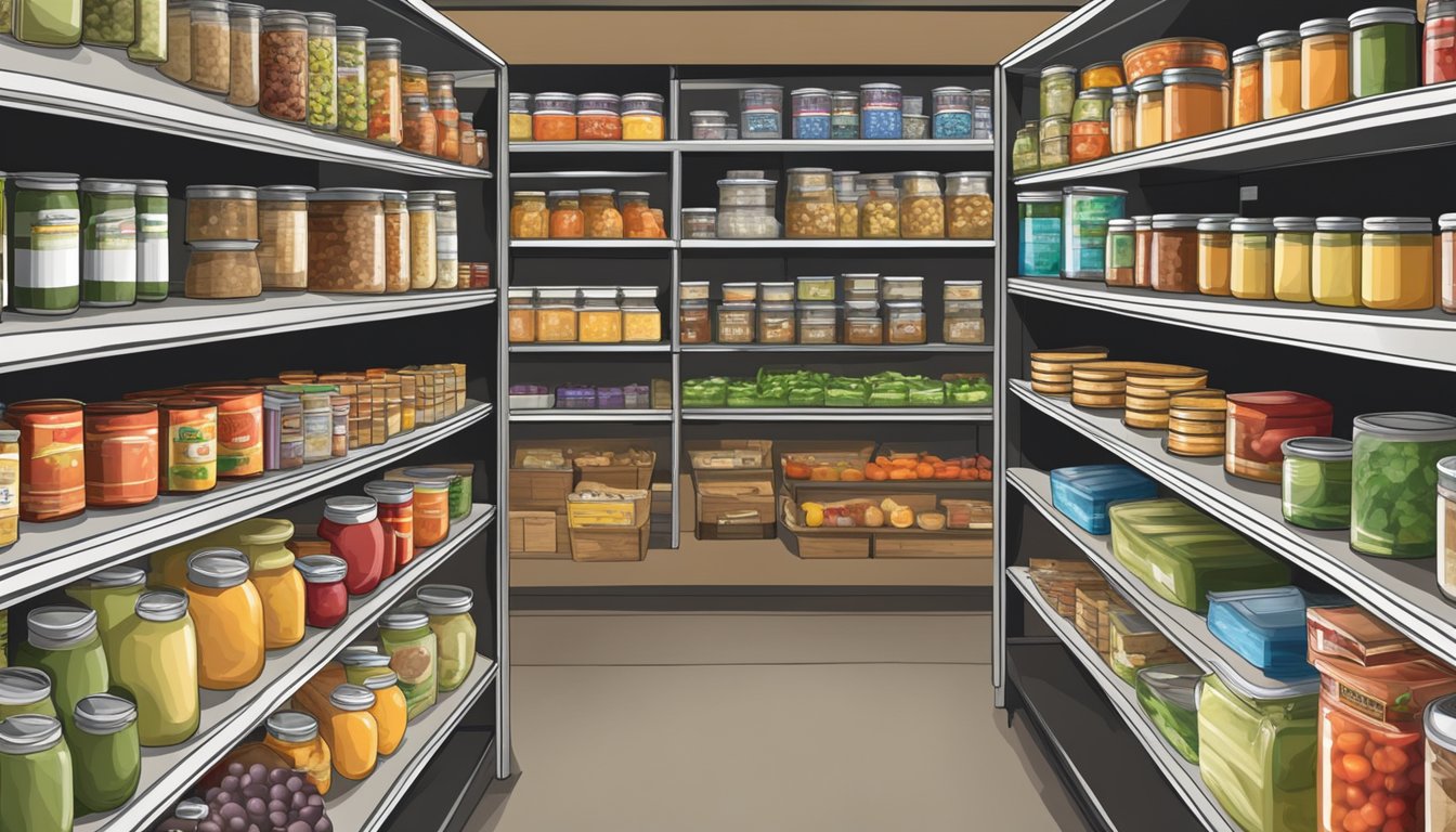 Shelves stocked with a variety of canned goods, fresh produce, and pantry staples at a food pantry in Ellis County, Texas