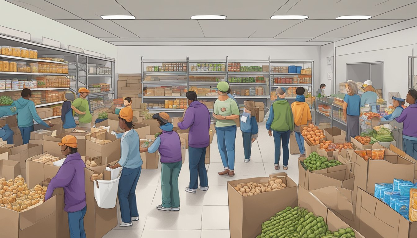 A bustling food pantry in Ellis County, Texas, with volunteers distributing free groceries to those in need