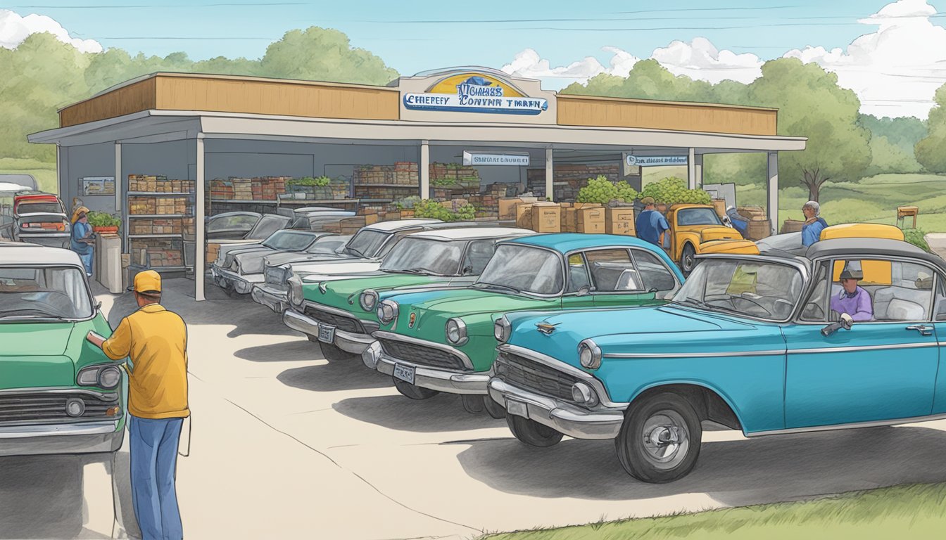 A line of cars waits as volunteers load groceries into trunks at a drive-thru pantry in Hall County, Texas