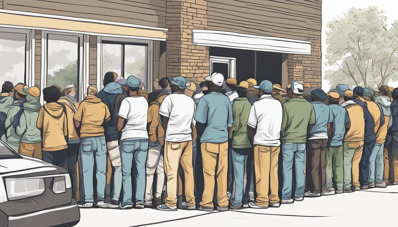 A line of people wait outside a food pantry in Ellis County, Texas. Volunteers distribute free groceries with dignity and respect