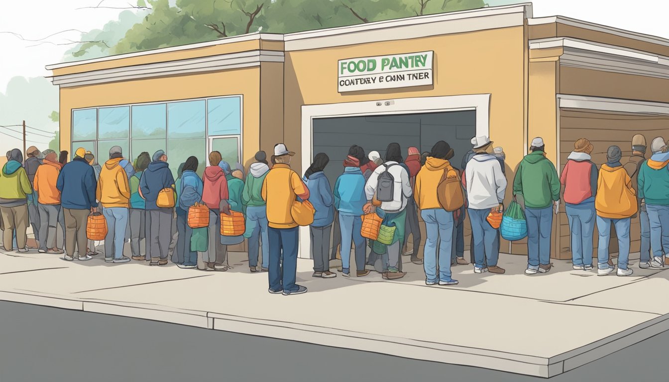 A line of people waits outside a food pantry in Guadalupe County, Texas. Volunteers hand out bags of groceries to those in need