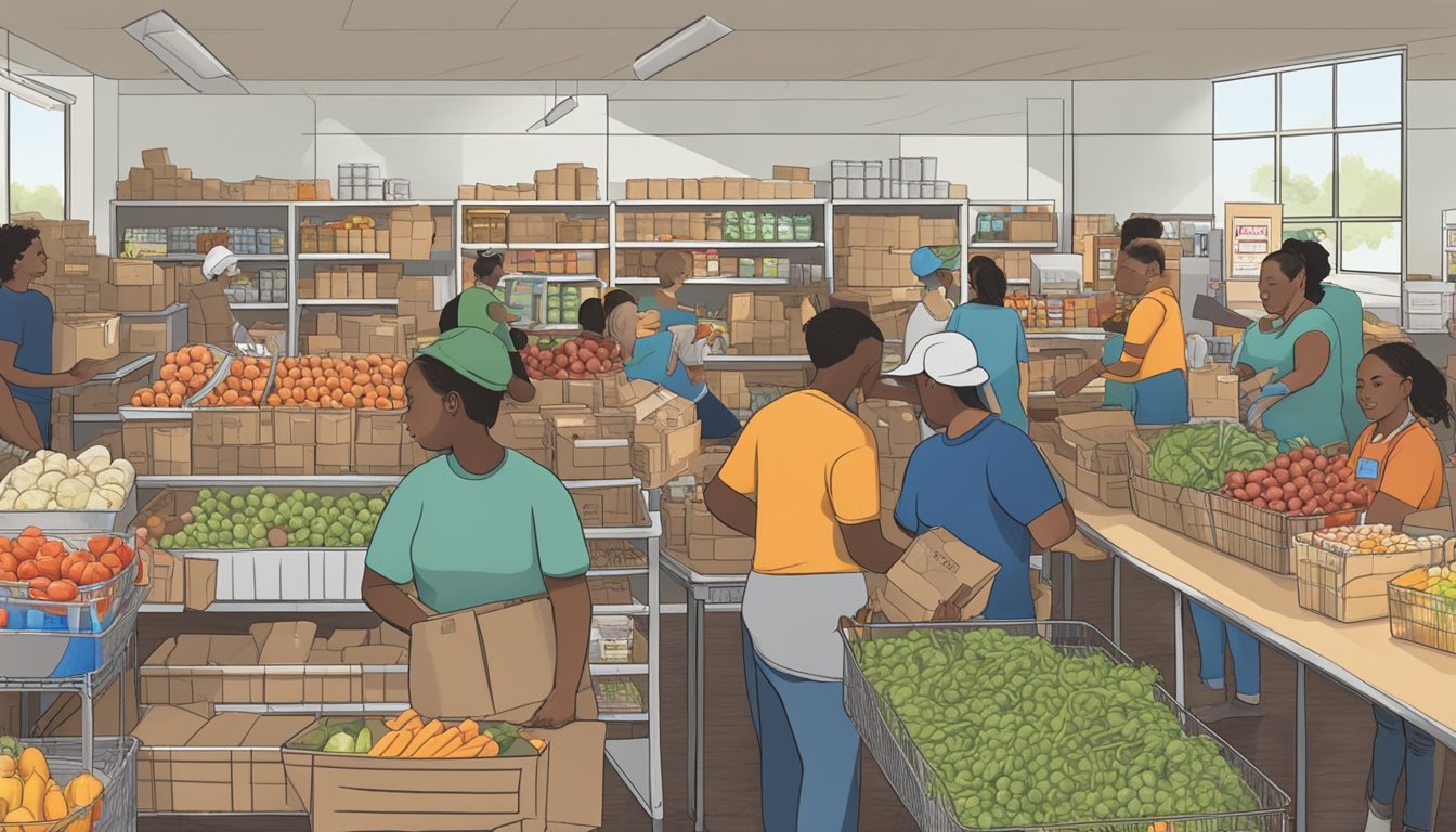 A bustling food pantry in Hall County, Texas, with volunteers distributing free groceries to those in need