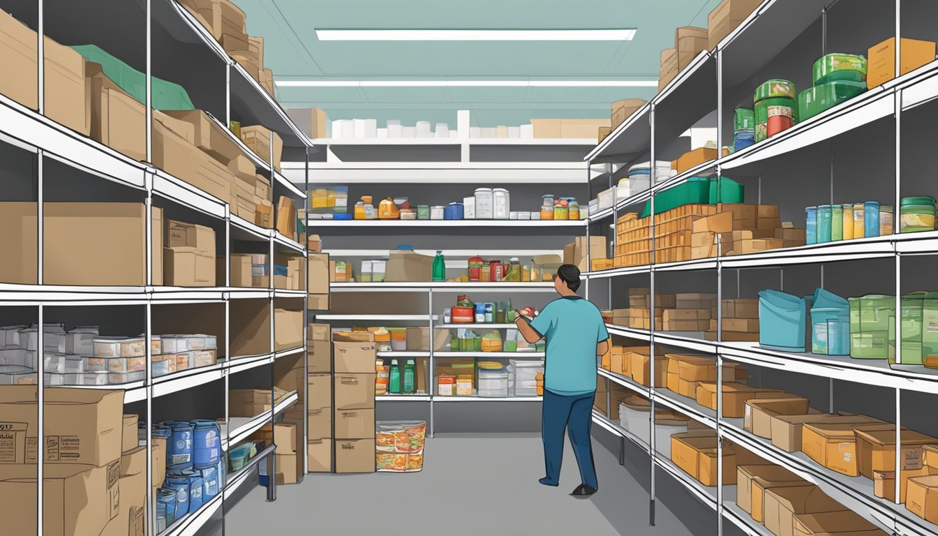 A bustling food pantry in Guadalupe County, Texas, with shelves stocked full of groceries and volunteers assisting those in need