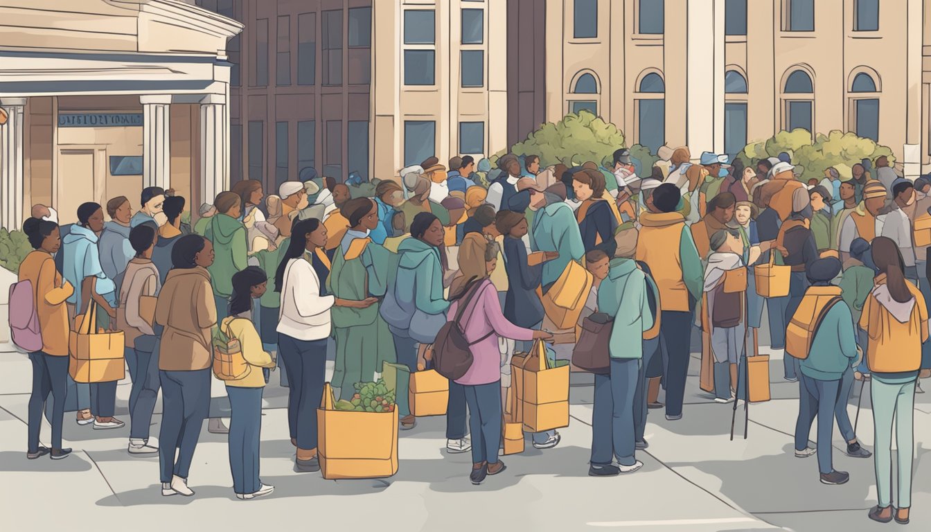 People waiting in line outside a county building, with signs indicating "Navigating Assistance" and "Free Groceries." Volunteers distribute food to those in need