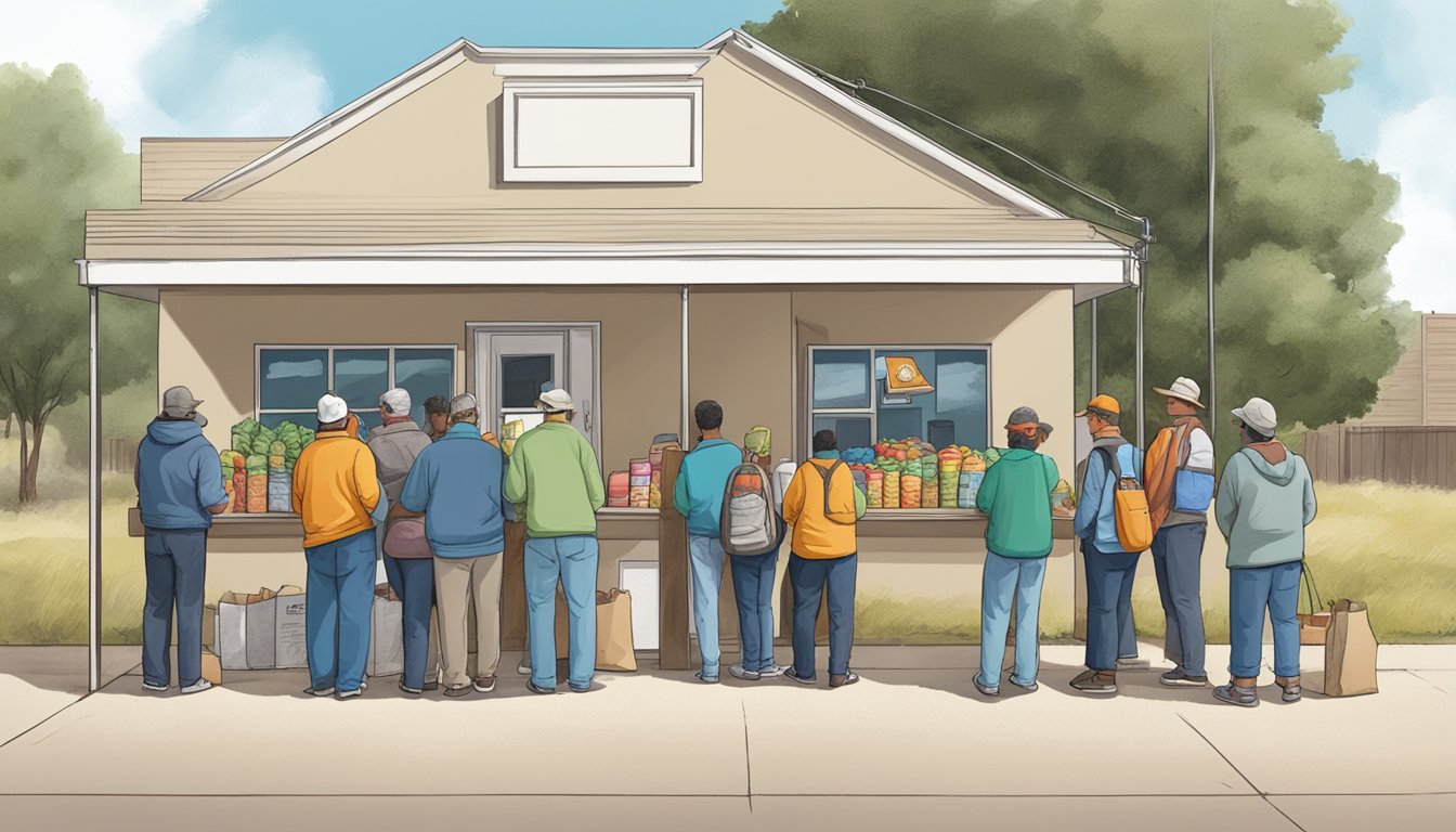 A line of people wait outside a small building, where volunteers distribute groceries and food items in Guadalupe County, Texas