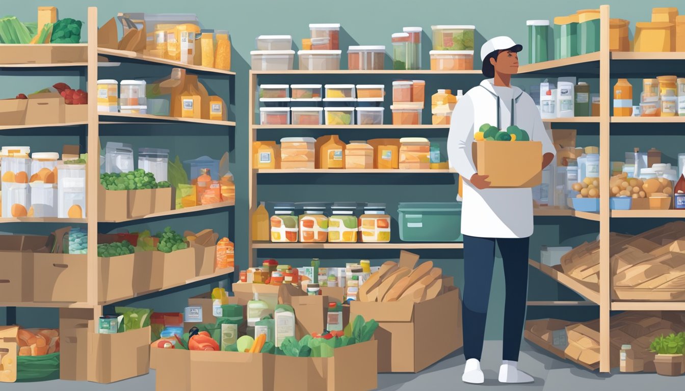 A bustling food pantry with shelves stocked full of groceries and volunteers assisting those in need