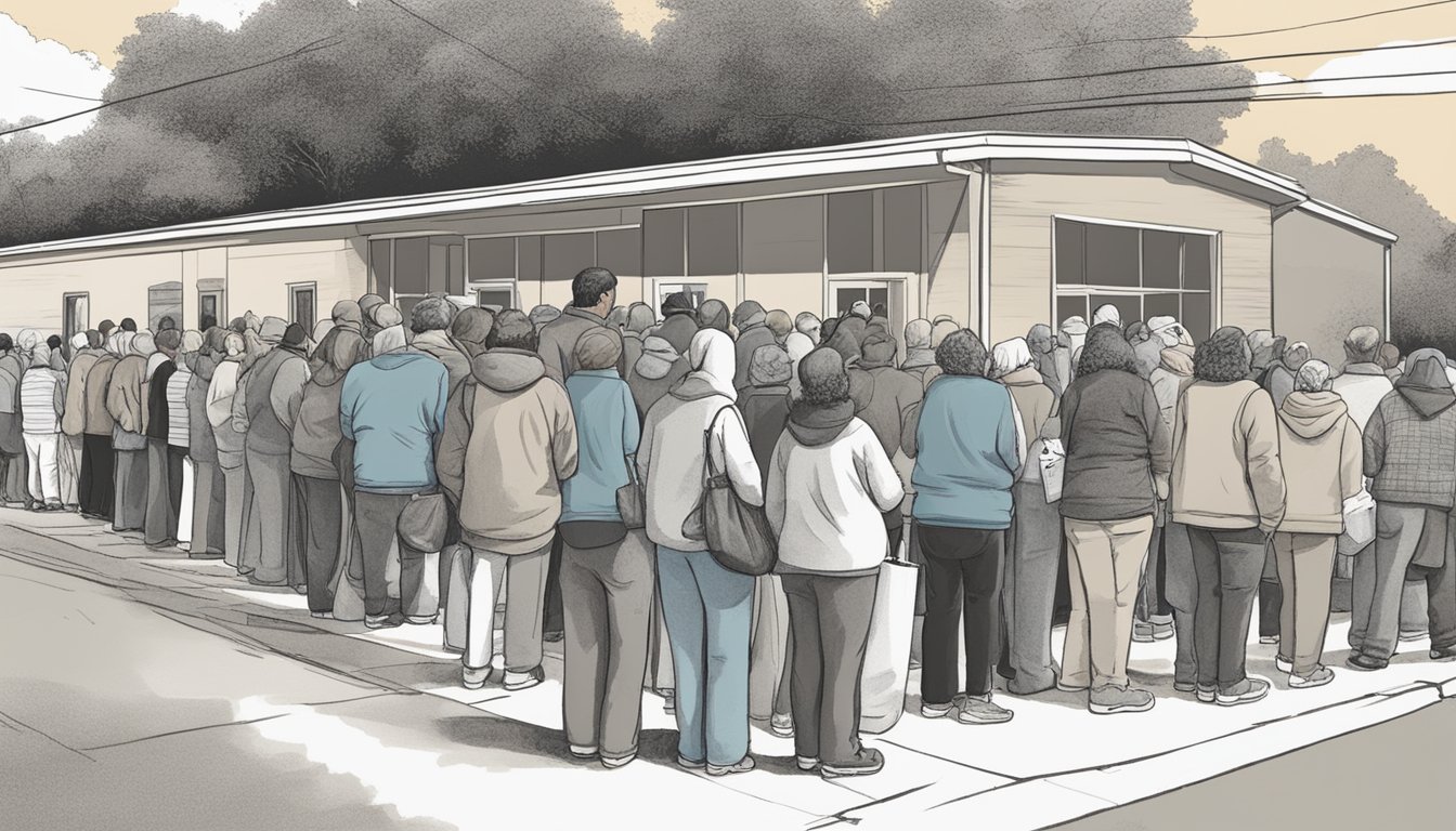 A line of people wait outside a food pantry in Fannin County, Texas. Volunteers hand out free groceries to those in need