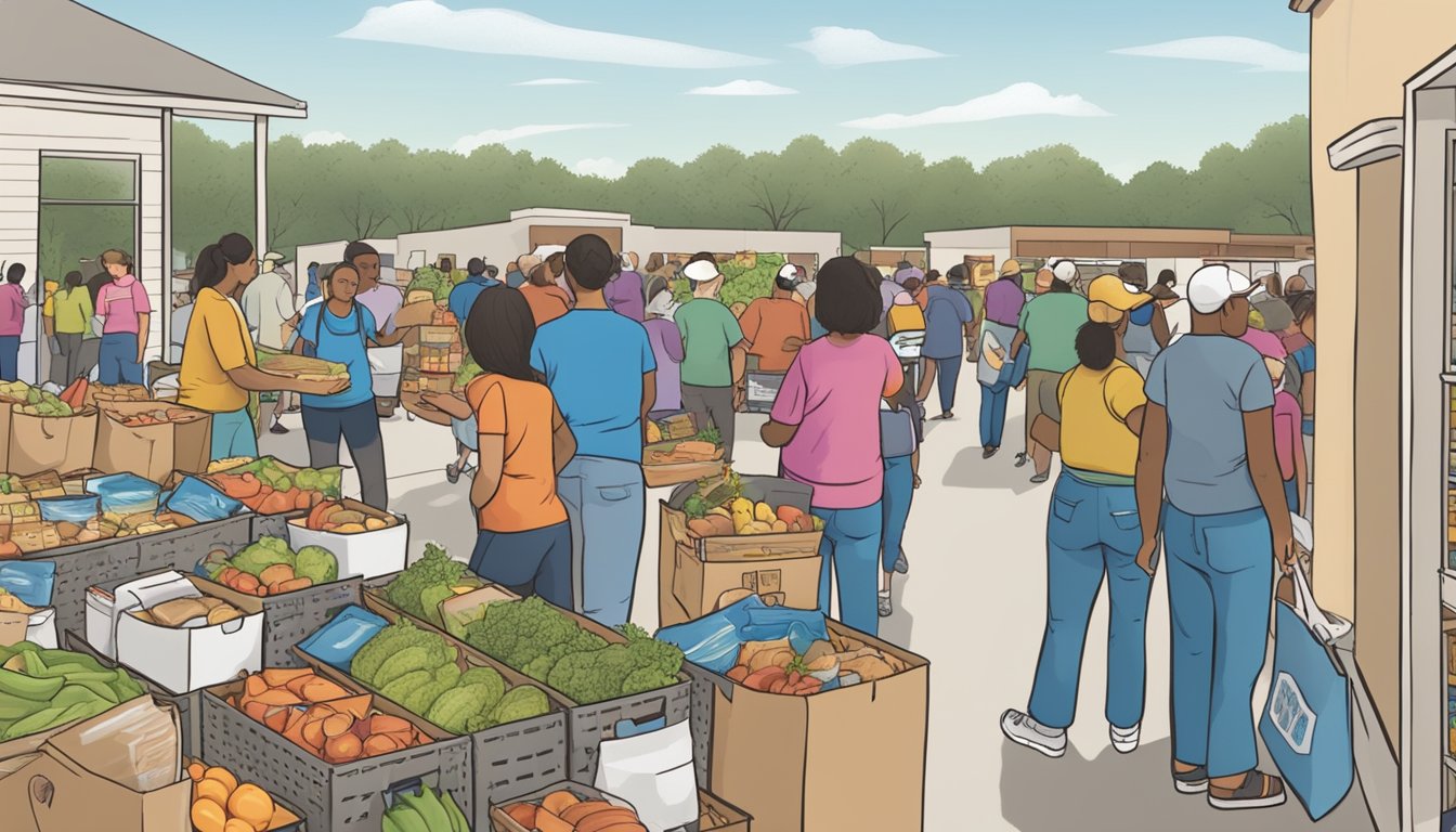 A bustling food pantry in Guadalupe County, Texas, with volunteers distributing free groceries to families and individuals in need