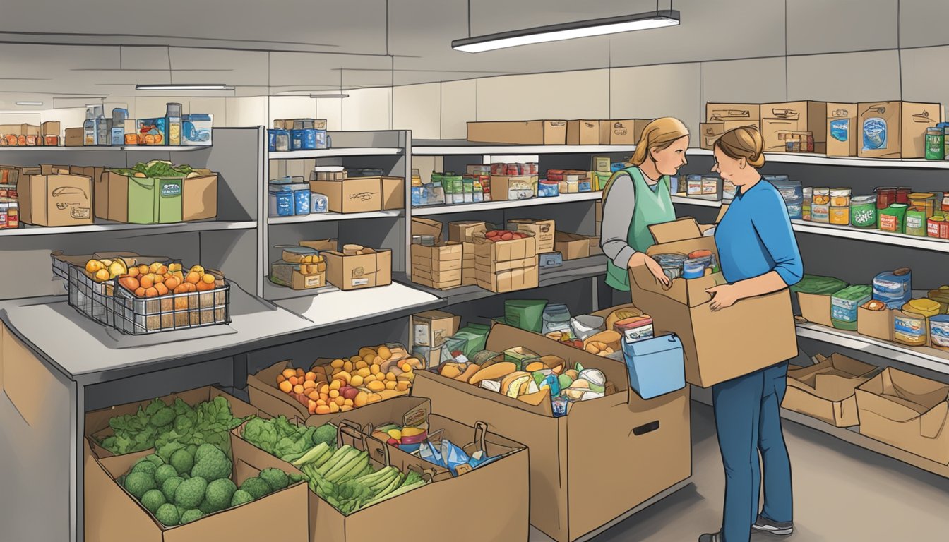 A bustling food pantry in Fannin County, Texas, with volunteers distributing free groceries to those in need