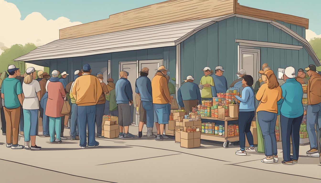 People lining up at a food pantry in Guadalupe County, Texas, receiving free groceries and donations