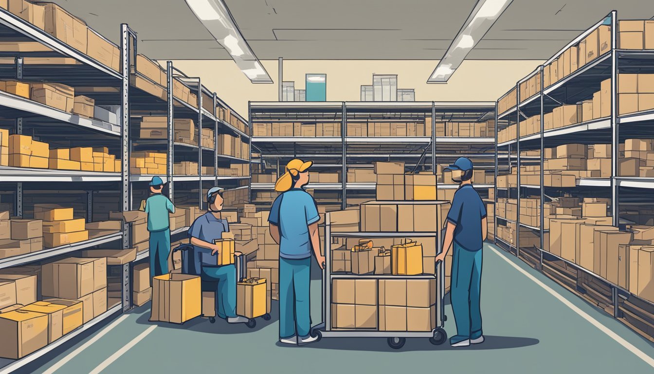 A bustling distribution center in Fannin County, Texas, with shelves stocked full of free groceries and food for those in need