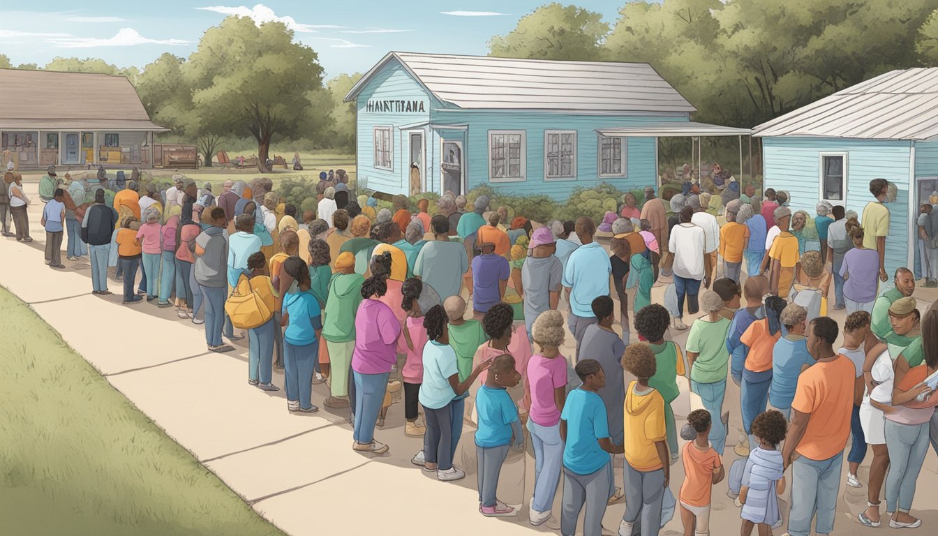 A line of people wait outside a small food pantry in Hardeman County, Texas, as volunteers hand out free groceries to those in need